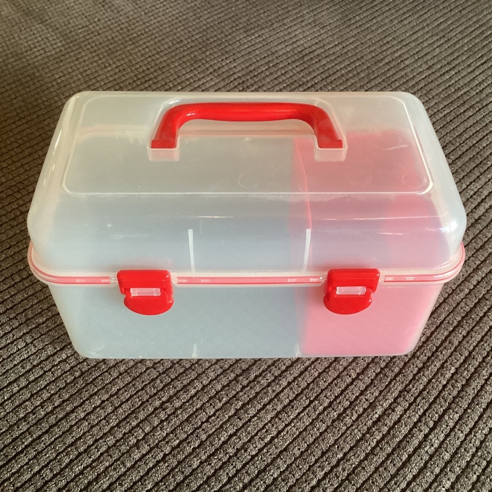 Clear Red Organizing Box Caddy Art Crafts Makeup Lunch Bento ~9.5" x 6"